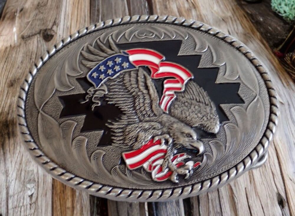 USA Flag Patriotic Bald Eagle Silver Tone Enamel Ivan Red White Blue Belt Buckle
